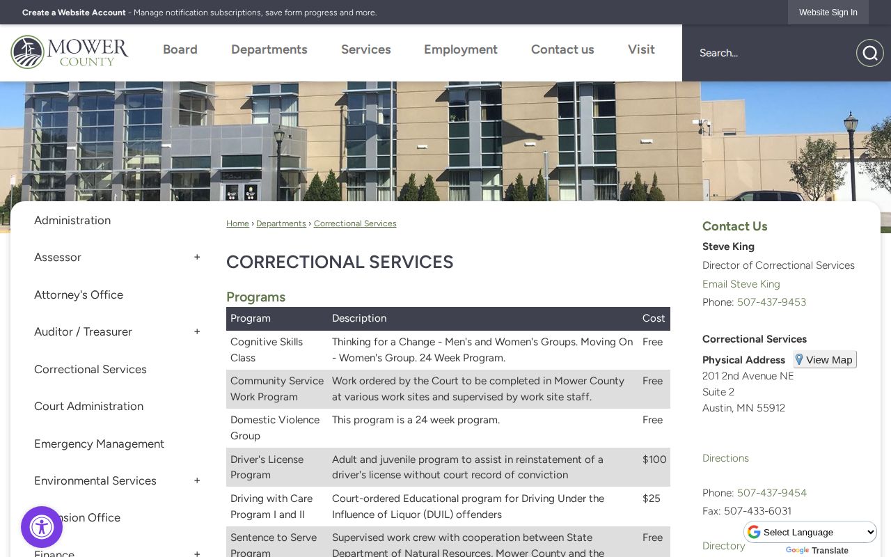 Mower County parole and probation Correctional Services page