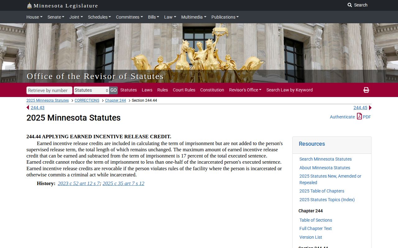 Minnesota earned credit statute for Mower County inmate release dates